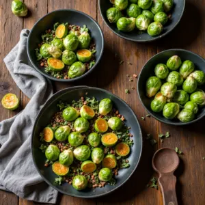 Mesa farta com diversos pratos de couve de Bruxelas, mostrando a versatilidade do vegetal.
