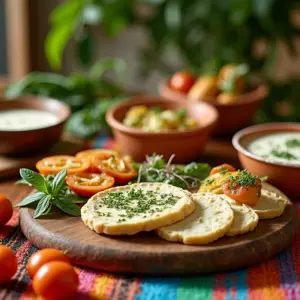 Mesa farta com pratos diversos à base de ricota e ingredientes frescos.