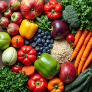 Mesa farta com variedade de alimentos veganos e vegetarianos coloridos e frescos.
