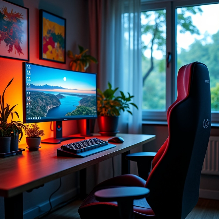 Mesa gamer ergonômica com setup de monitor, teclado e mouse.