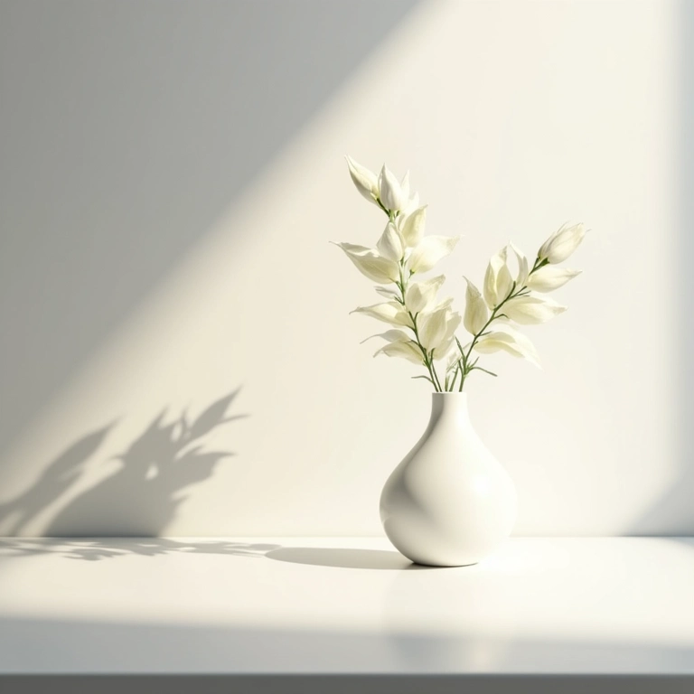 Mesa minimalista com um único vaso e iluminação natural.