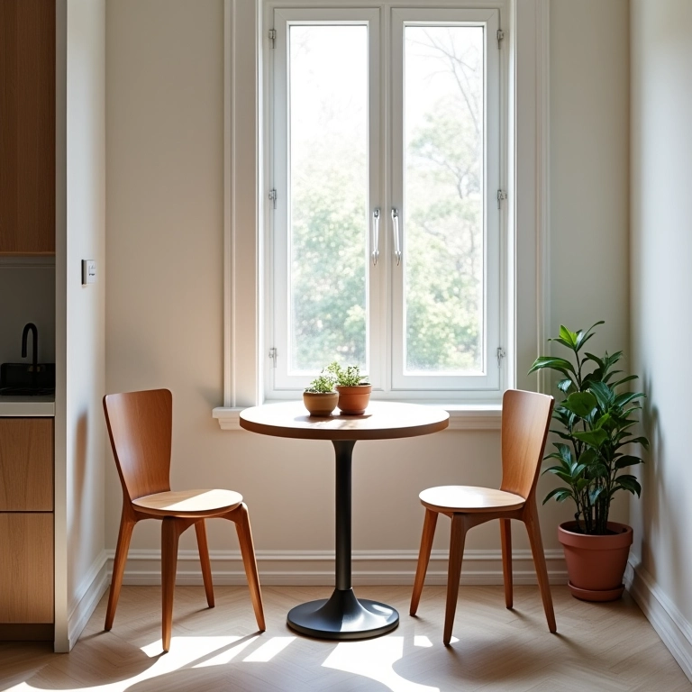 Mesa redonda em sala de jantar pequena com cadeiras, otimizando o espaço.