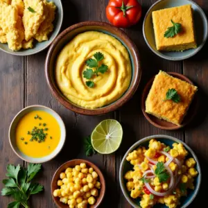 Milho Receitas Doces e Salgadas Versatilidade Na Sua Mesa Mesa rústica com variedade de pratos de milho, representando a versatilidade do ingrediente.