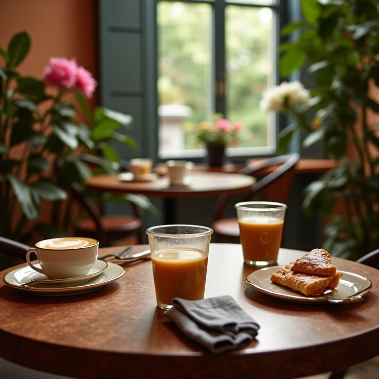 Mesas charmosas de bistrô com flores e xícaras de café.