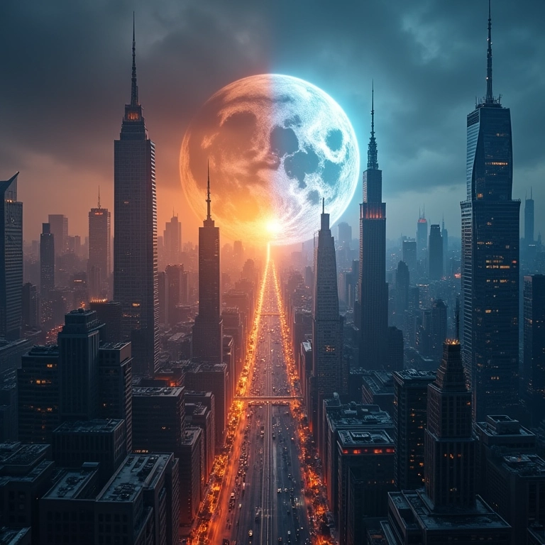 Metade da cidade em caos e metade em paz, simbolizando as experiências mistas no Mercúrio retrógrado.