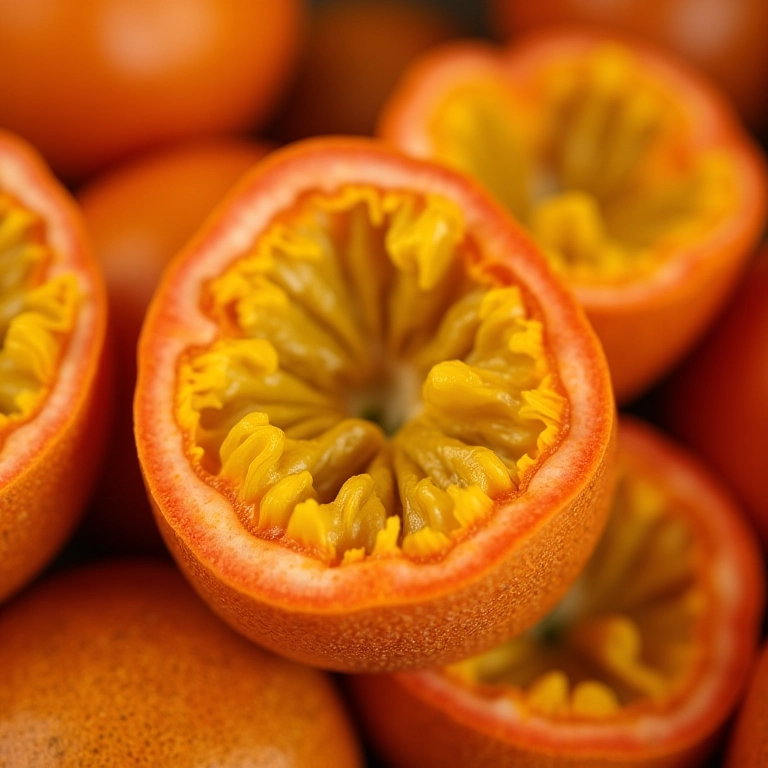 Metades de maracujá fresco com polpa amarela brilhante.