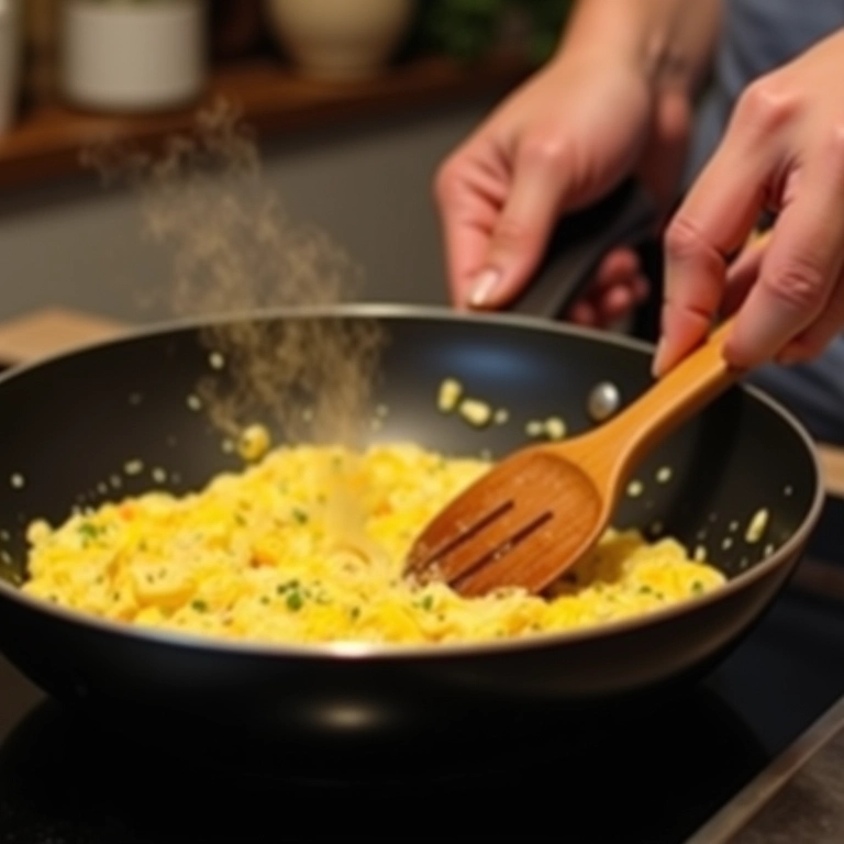Mexendo ovos mexidos delicadamente em uma panela antiaderente.