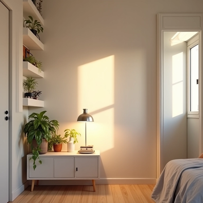 Microapartamento com cores claras e iluminação estratégica.