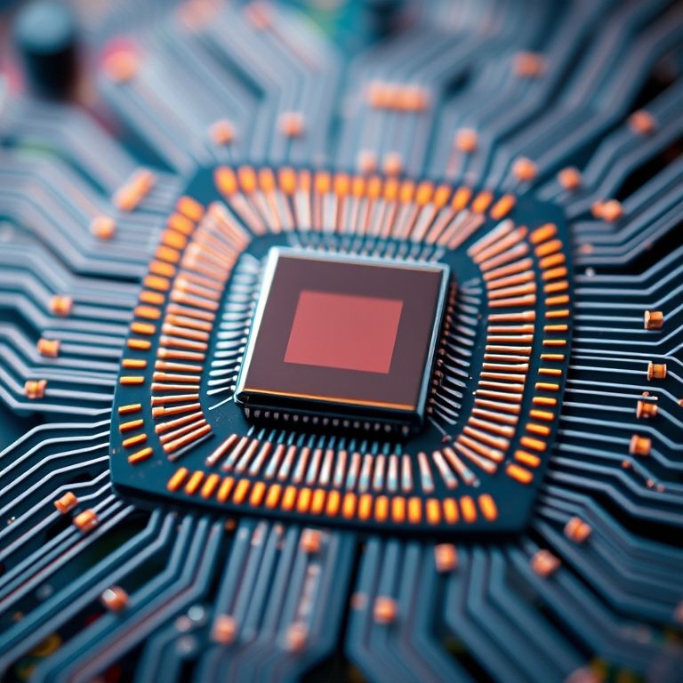 Microchip com estrutura atômica complexa visível em close-up.