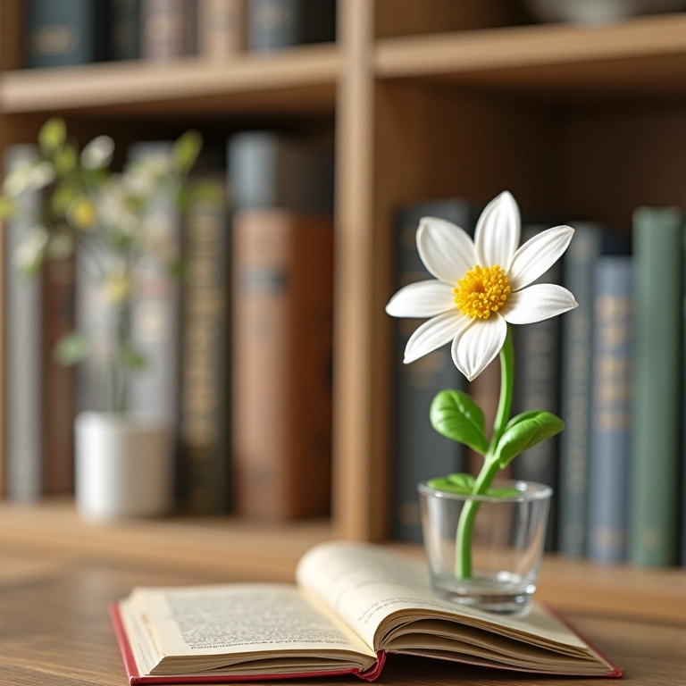 Mini arranjo de flores artificiais em estante ao lado de livros, charme nos detalhes.