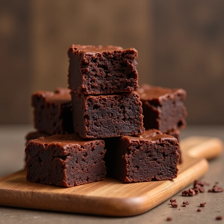 Mini brownies empilhados em uma tábua de madeira.