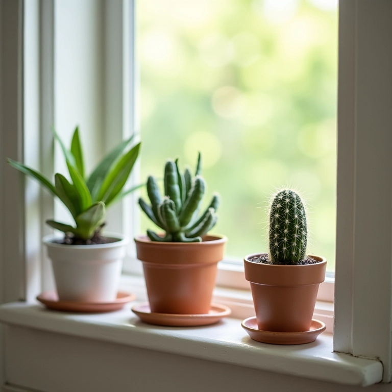 Mini cactos no parapeito da janela na sala.