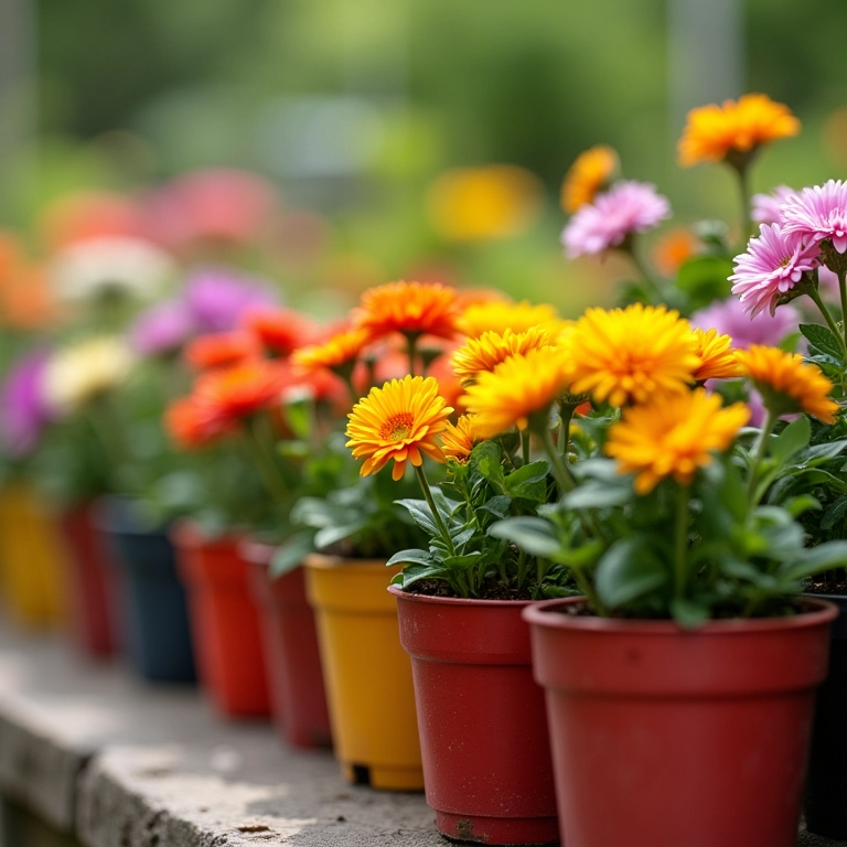 Mini canteiros em vasos coloridos, estilo brasileiro vibrante.
