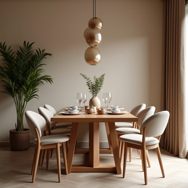 Minimalismo aconchegante na sala de jantar.