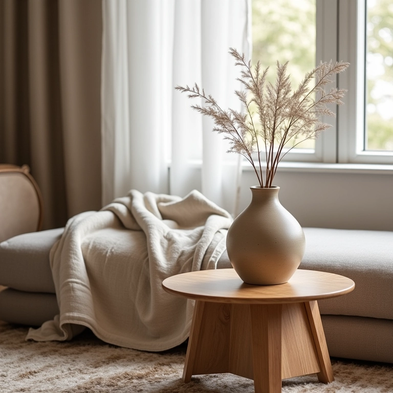 Mistura de texturas em mesa de madeira com vaso de cerâmica, cortinas de linho e tapete de lã.