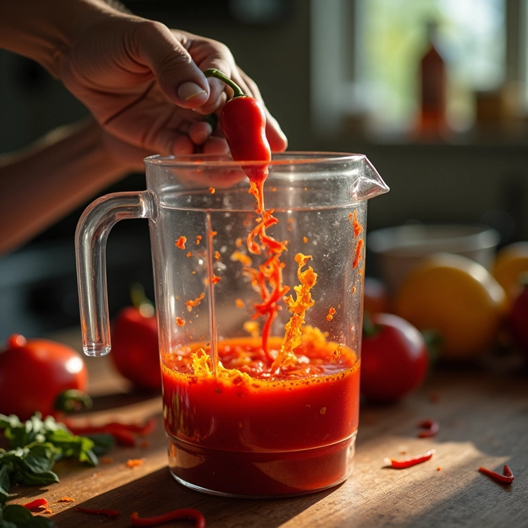 Misturando os ingredientes no liquidificador para a calda de pimenta.