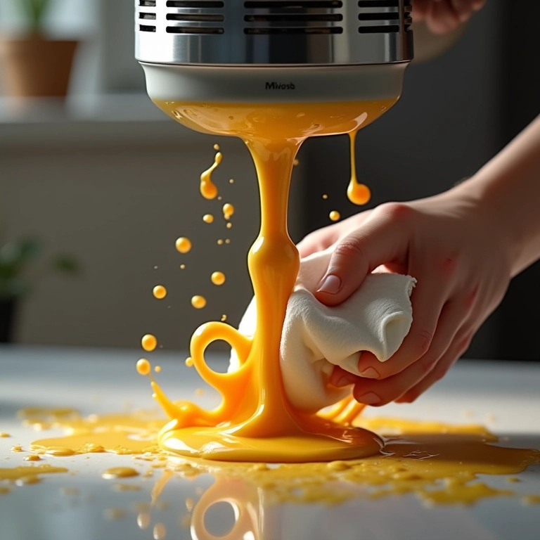 Mixer em uso com respingos, mão limpando.