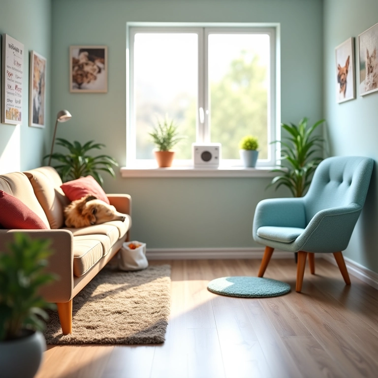 Mobiliário confortável e funcional em hospital veterinário.