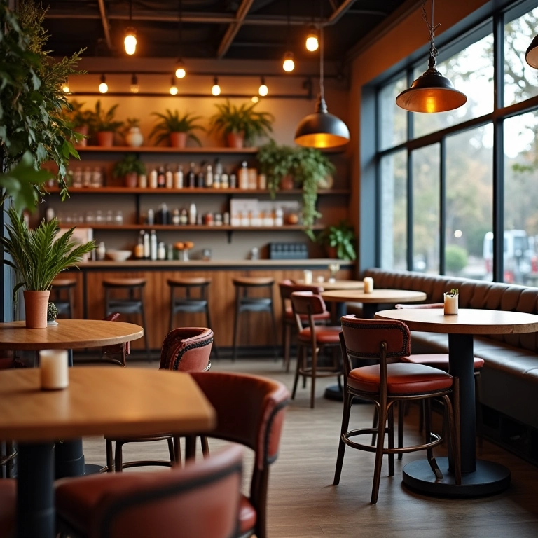 Mobiliário confortável e funcional em uma choperia.