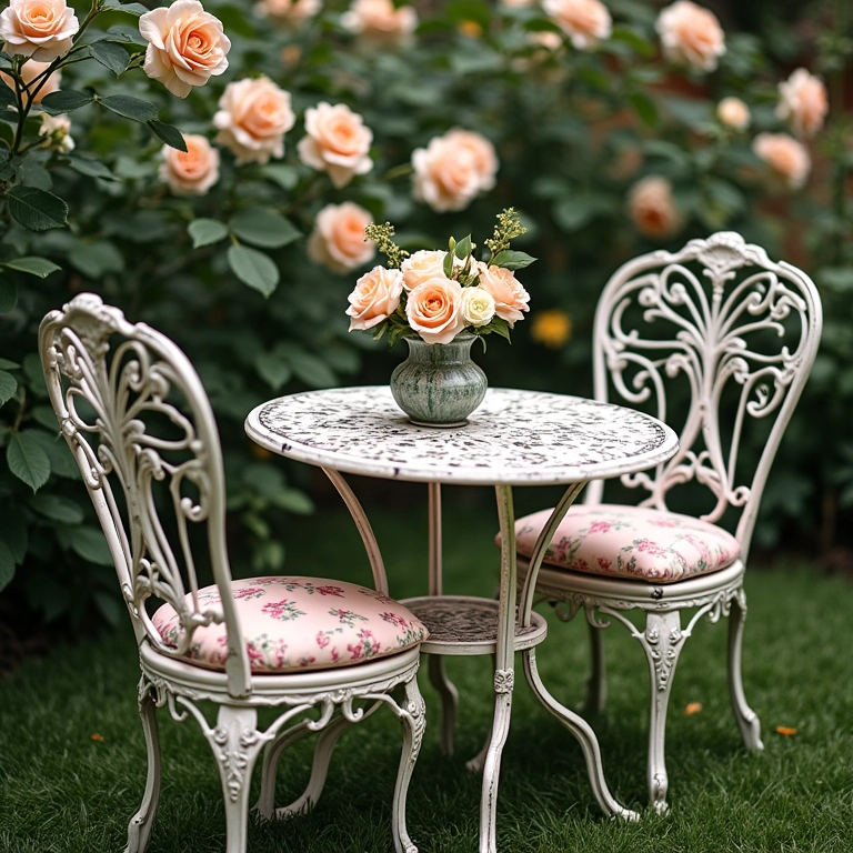 Mobiliário de jardim vintage em meio a rosas inglesas em flor.