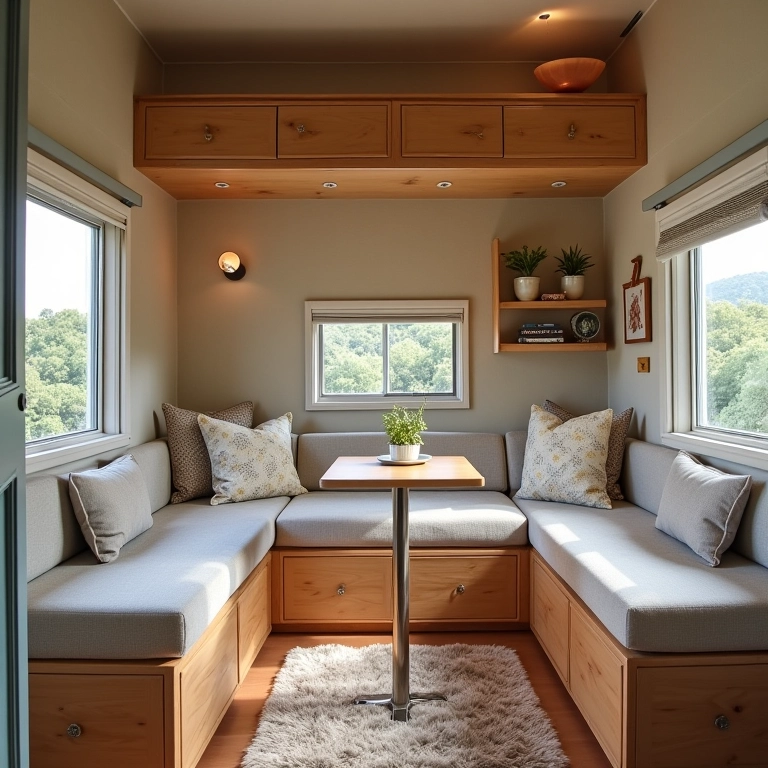 Mobiliário funcional e charmoso em uma cabana na floresta.