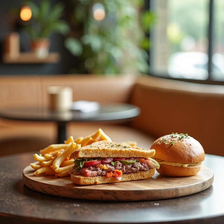 Mobiliário funcional e confortável em uma delicatessen com design brasileiro.