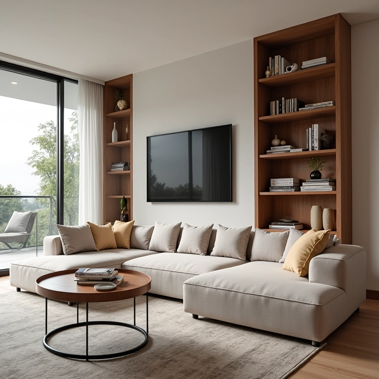 Mobiliário integrado e funcional em sala com varanda.