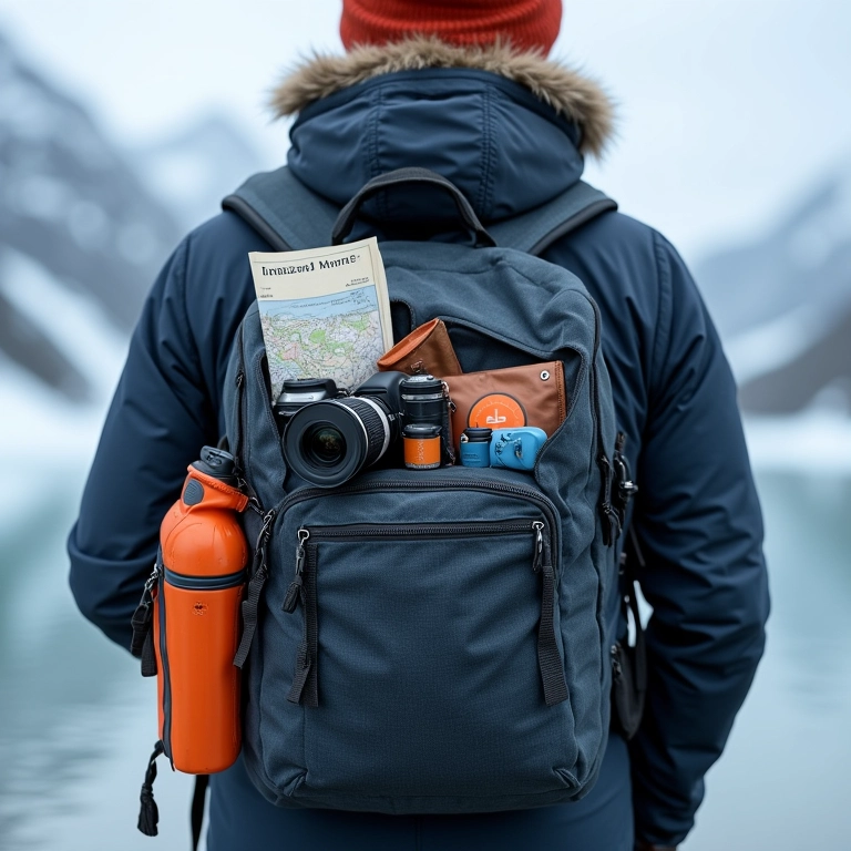 Mochila com equipamentos essenciais para aventura na Groenlândia.