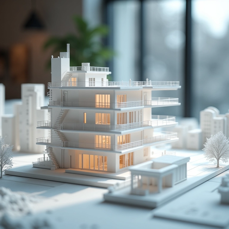 Modelo arquitetônico integrado com fabricação digital (impressora 3D) em oficina.