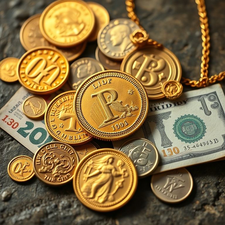 Moedas e joias antigas de ouro ao lado de moedas modernas, mostrando o valor do ouro ao longo da história.