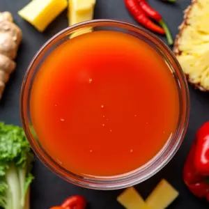 Molho agridoce caseiro em uma tigela de vidro com ingredientes frescos ao redor.