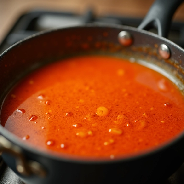 Molho agridoce caseiro engrossando na panela, sem uso de amido de milho.