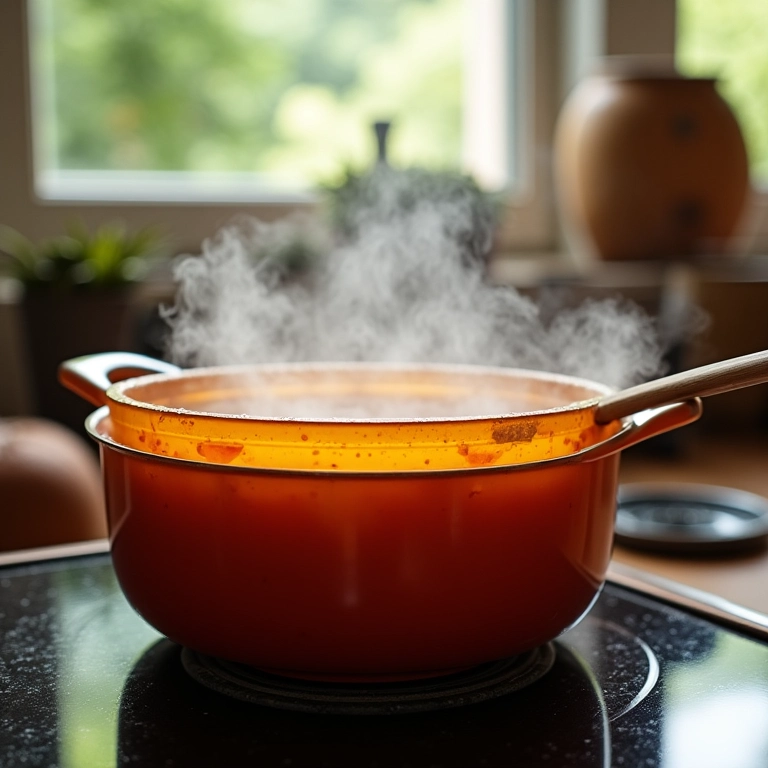 Molho agridoce caseiro fervendo em uma panela, com uma colher de pau mexendo.