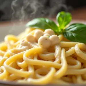 Molho branco cremoso com requeijão sobre fettuccine, finalizado com manjericão fresco.