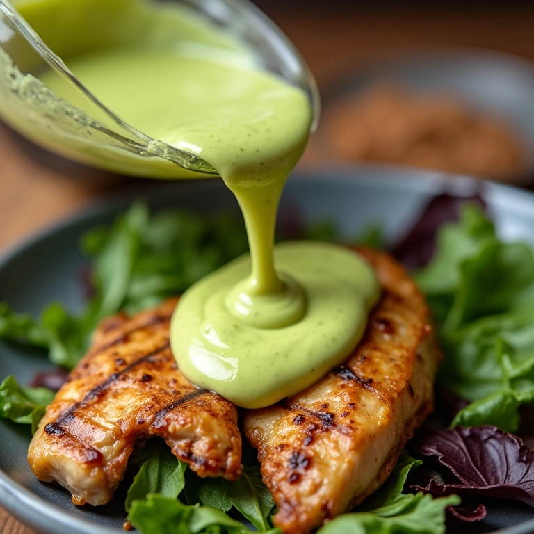Molho cremoso de abacate sendo adicionado a salada com frango grelhado.