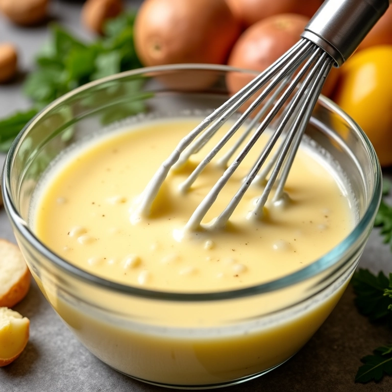 Molho cremoso para salada de batata sendo preparado.