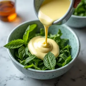 Molho de iogurte com hortelã caseiro sobre salada fresca.