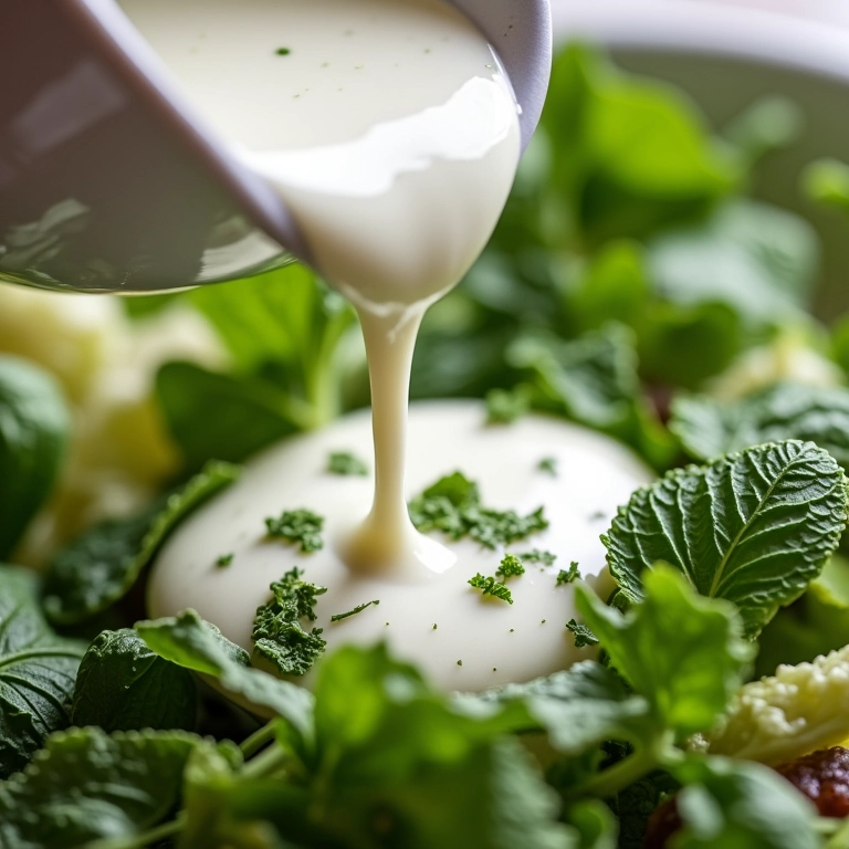 Molho de iogurte e hortelã sendo usado em uma salada.