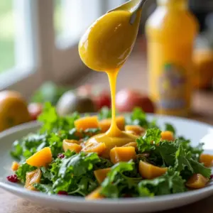 Molho de Maracujá Para Salada Refrescante e Saboroso Molho de maracujá escorrendo sobre uma salada verde fresca.