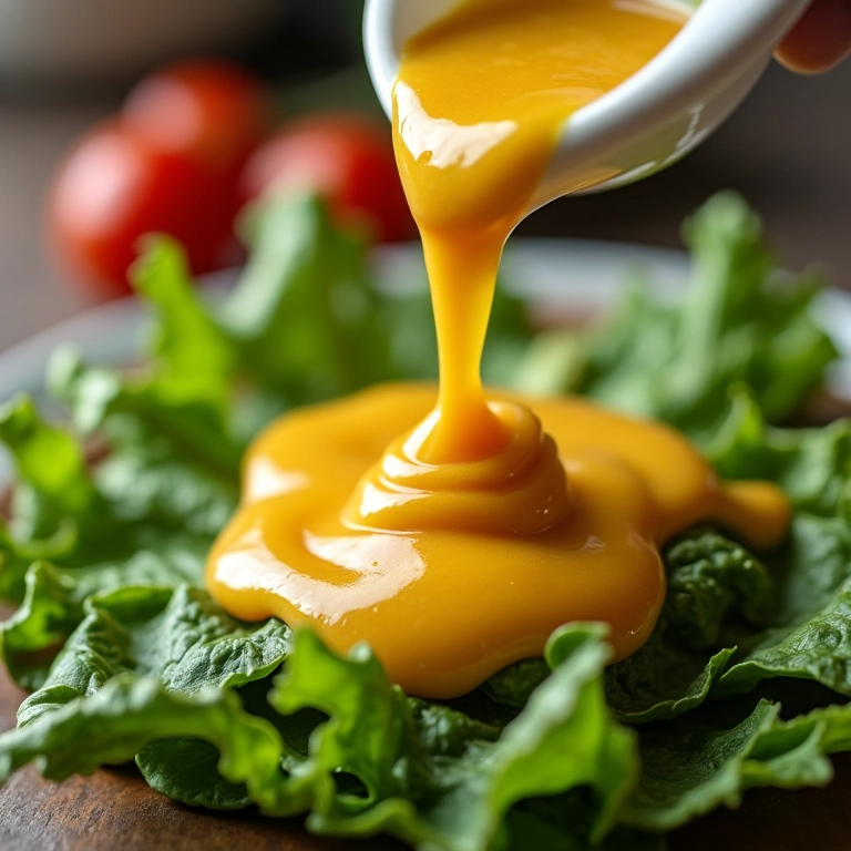 Molho de mostarda e mel sobre salada verde.