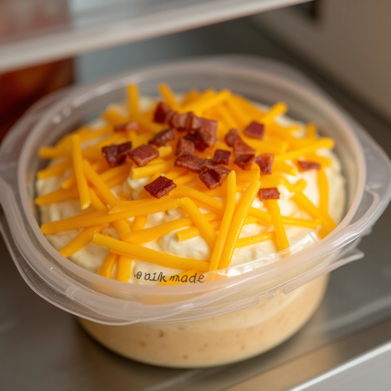 Molho de queijo com bacon armazenado corretamente em um recipiente hermético.