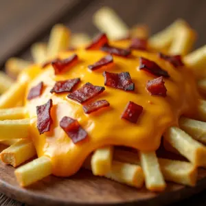 Molho de queijo com bacon cremoso escorrendo sobre batatas fritas douradas.