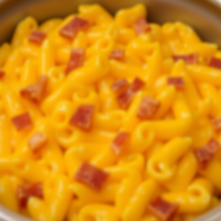 Molho de queijo com bacon crocante sobre macarrão.