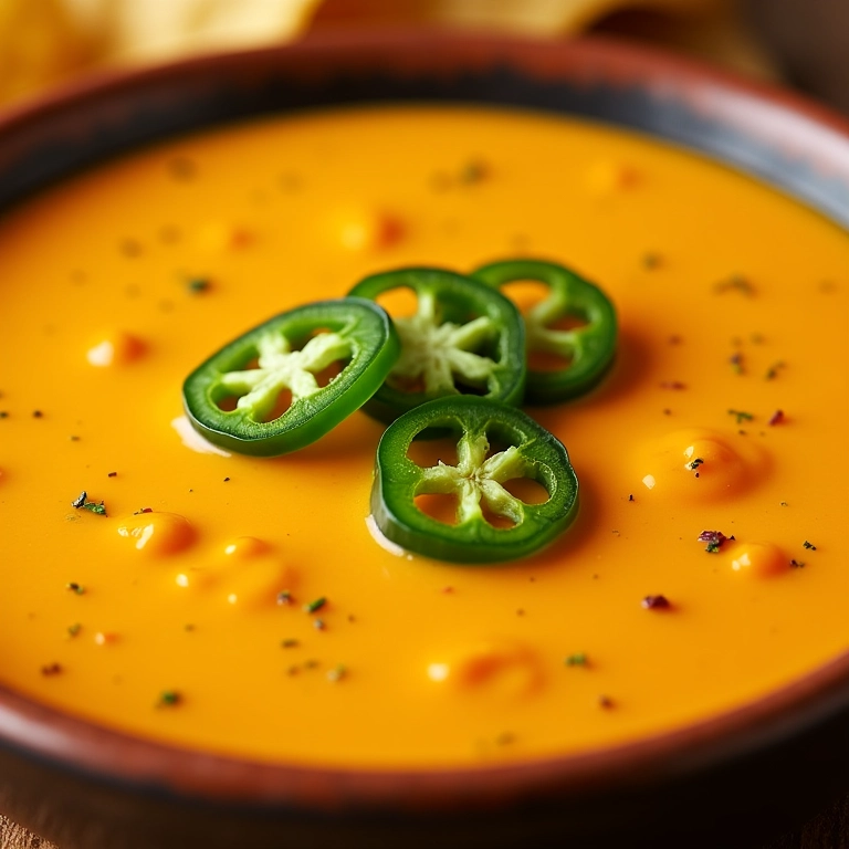 Molho de queijo com pimenta jalapeño e nachos.