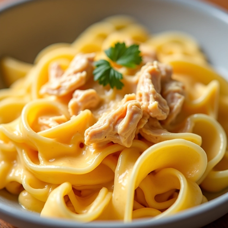 Molho de queijo cremoso com frango desfiado sobre fettuccine.