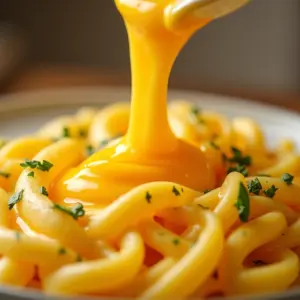 Molho de queijo cremoso escorrendo sobre massa fresca.