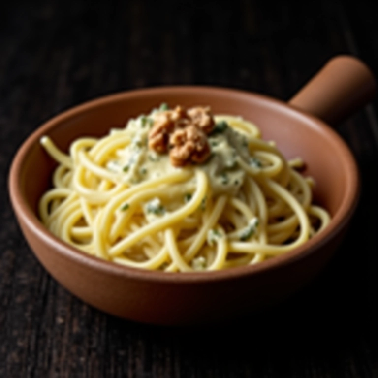 Molho de queijo gorgonzola com nozes sobre massa.