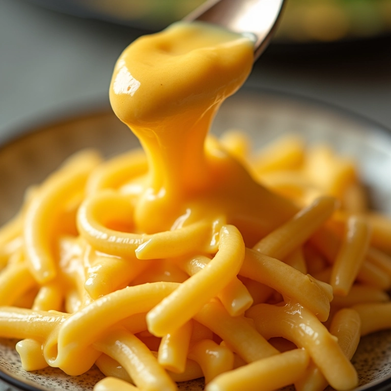 Molho de queijo vegano com castanhas sobre macarrão.