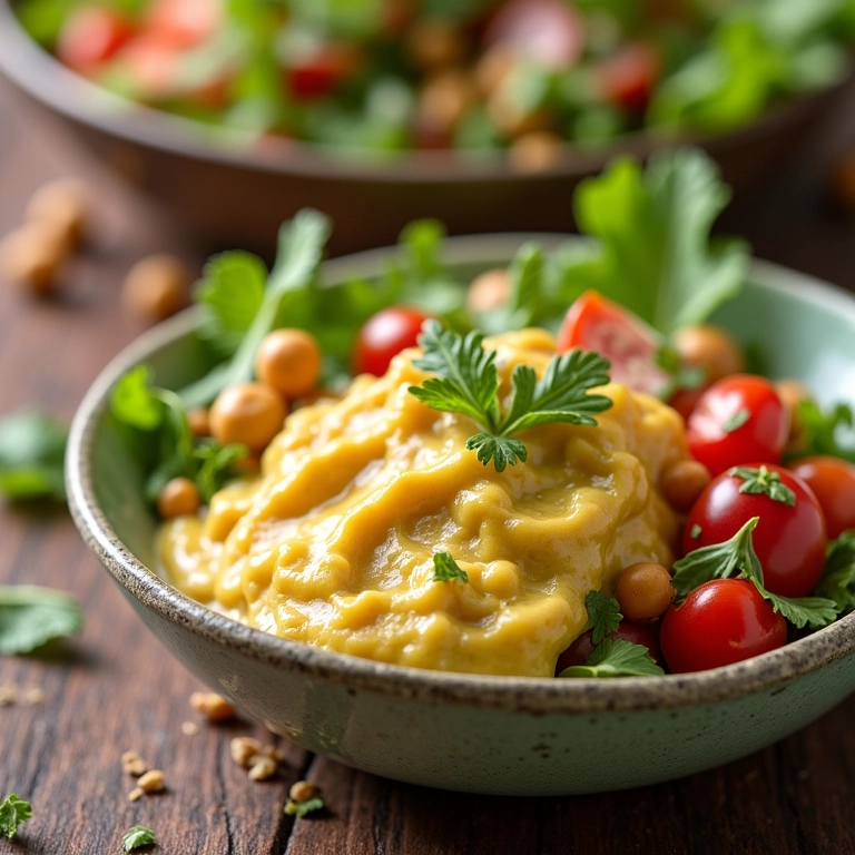 Molho de tahine com limão e salada de grão de bico.