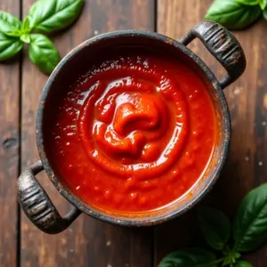 Molho de tomate caseiro borbulhando em panela rústica.